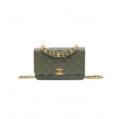 CHANEL MASTER WALLET ON CHAIN WOC DARK OLIVE GREEN CAVIAR GOLD HARDWARE AP3019 (19*12*3.5cm)